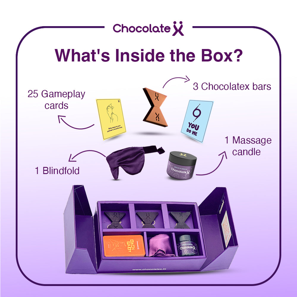 Check what is inside the couple chocolate- Bliss Box by ChocolateX. You will get 25 gameplay cards, 3 chocolatex bars, 1 massage candle, 1 blindfold.